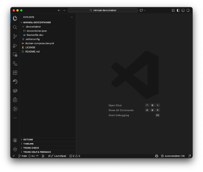 Visual Studio Code running the minimal devcontainer repository